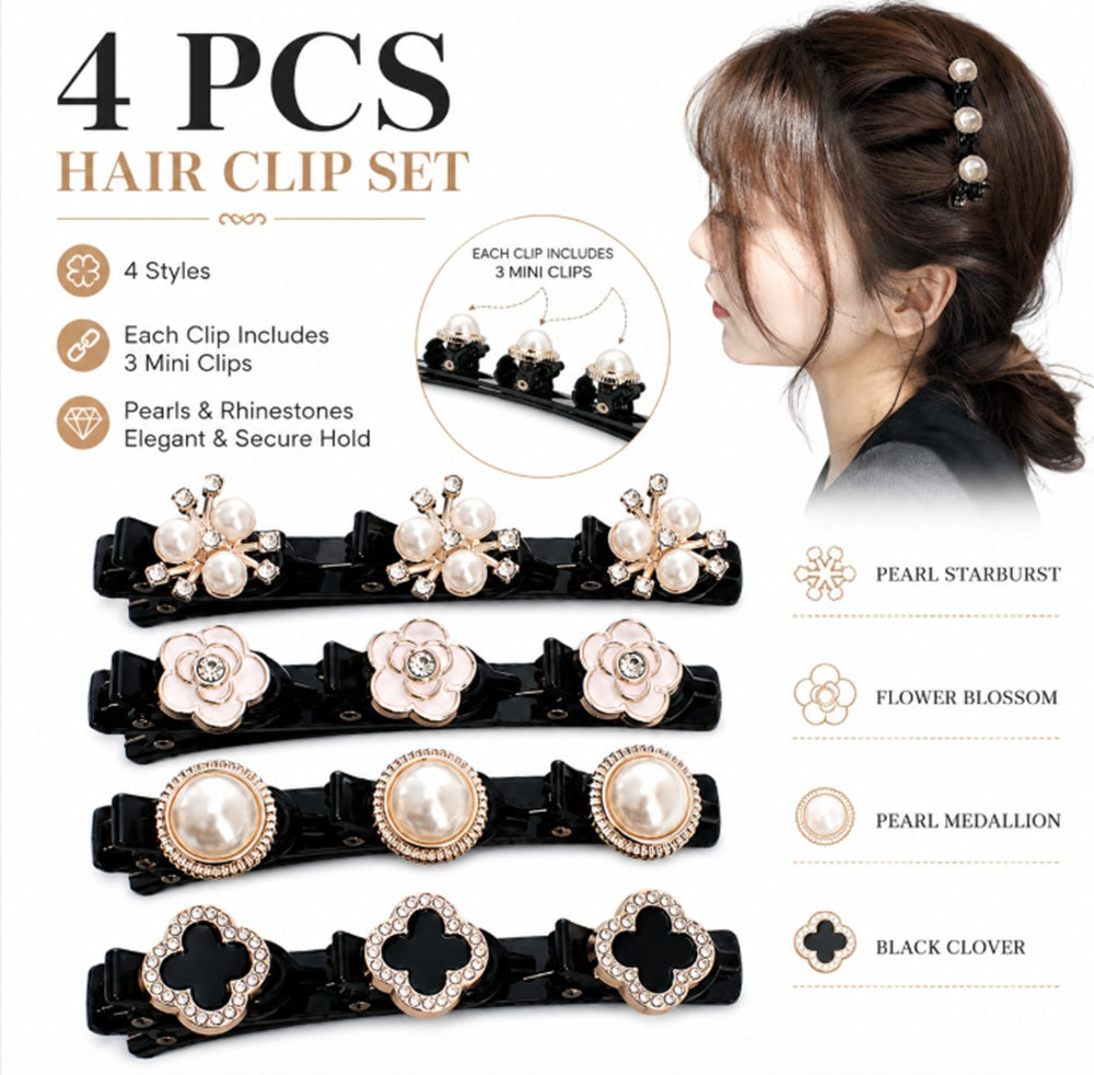 4-Piece Crystal-Style Flower & Clover Hair Clip Set | TIKA