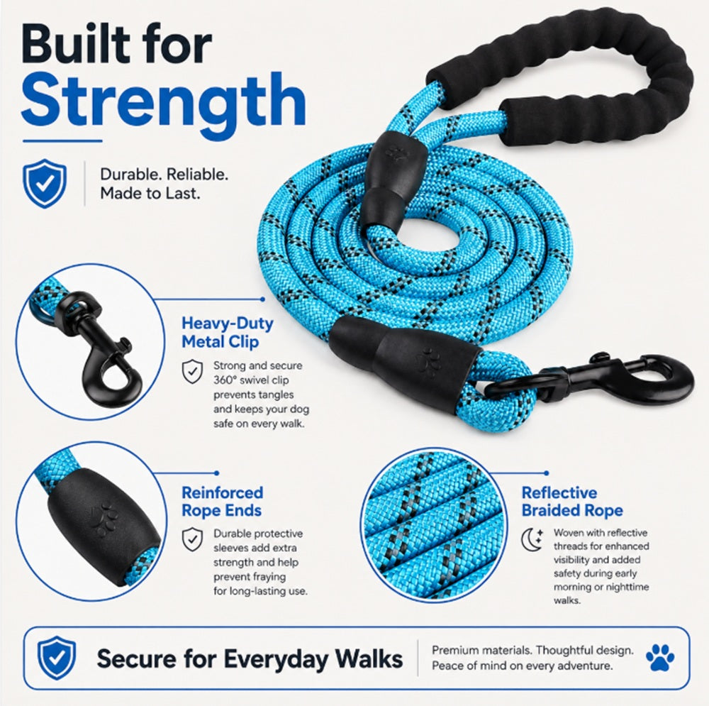 5ft Reflective Nylon Rope Dog Leash with Padded Handle | TIKA