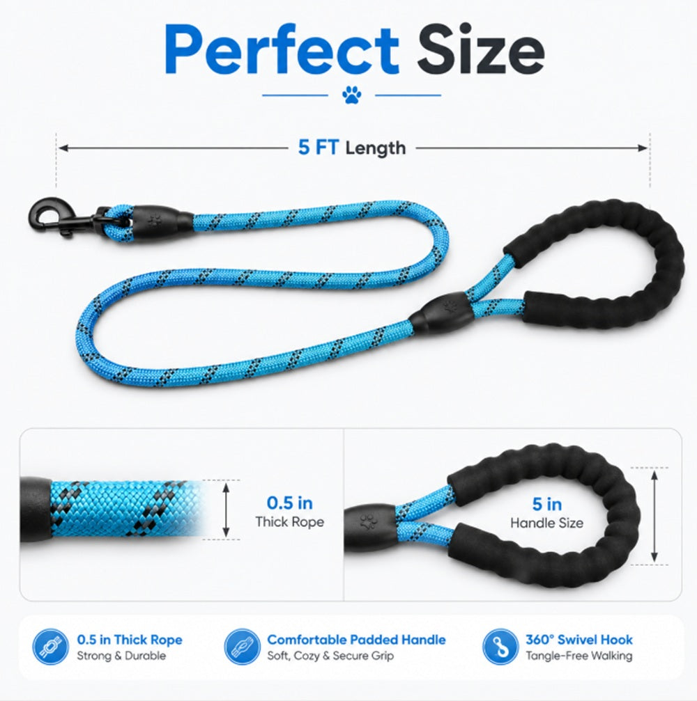 5ft Reflective Nylon Rope Dog Leash with Padded Handle | TIKA