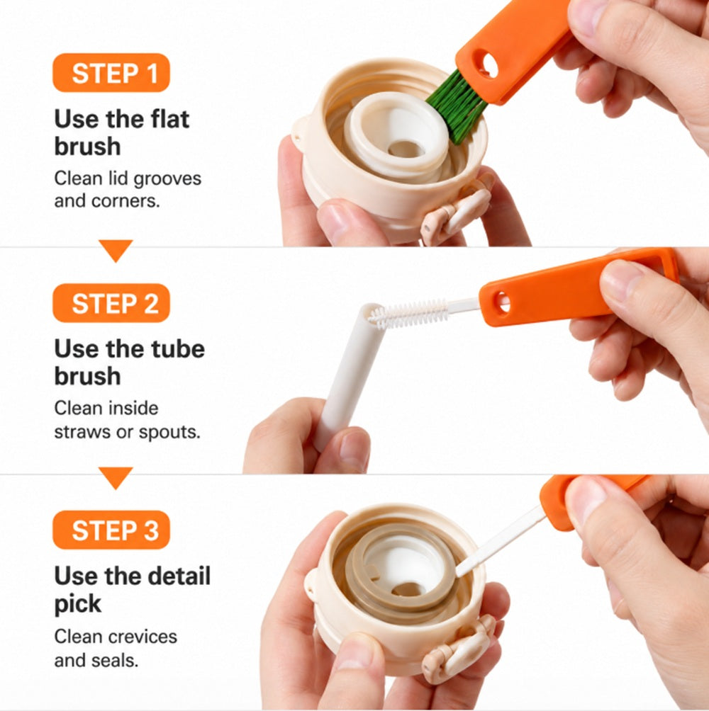 3-in-1 Bottle Cap, Cup Lid & Straw Cleaning Brush | TIKA