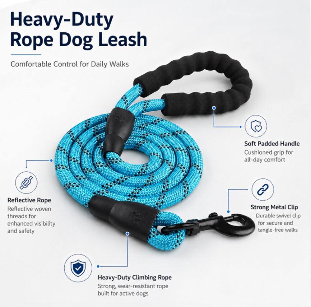 5ft Reflective Nylon Rope Dog Leash with Padded Handle | TIKA