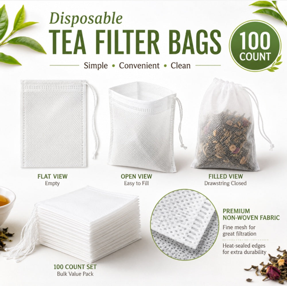 100-Pack 8 x 10 cm Drawstring Tea Filter Bags for Loose-Leaf Tea | TIKA