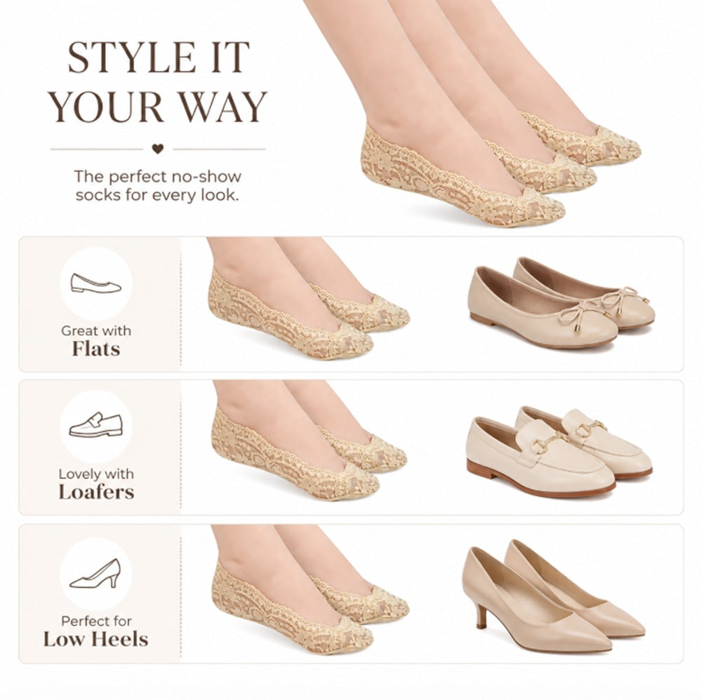 3-Pair Women’s Lace No-Show Liner Socks | TIKA