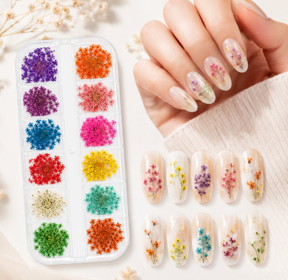 12-Color Real Dried Flower Nail Art Set | TIKA