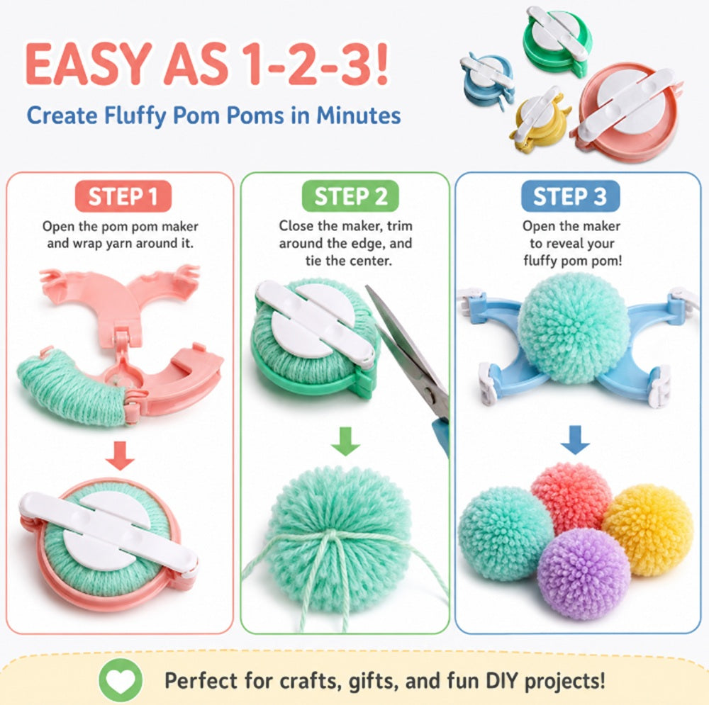 4-Size Yarn Pom Pom Maker Kit | TIKA