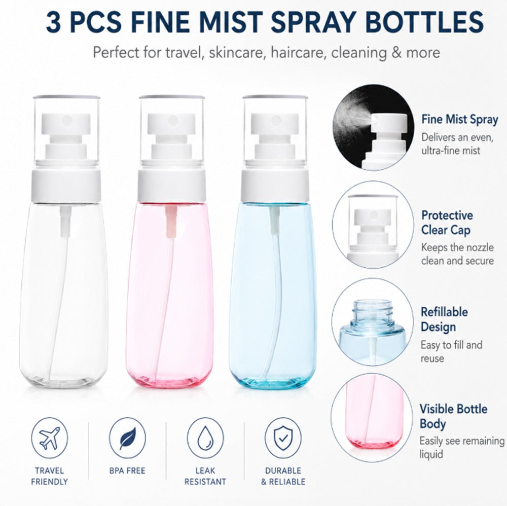 3-Pack 60ml Clear Refillable Fine Mist Spray Bottles | TIKA