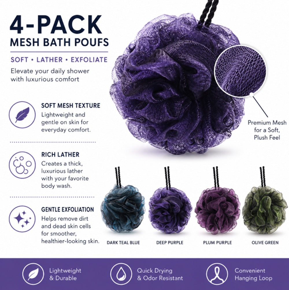 4-Pack Soft Mesh Shower Loofah Poufs | TIKA