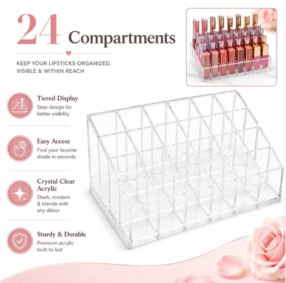 24-Slot Acrylic Lipstick Holder & Makeup Organizer | TIKA