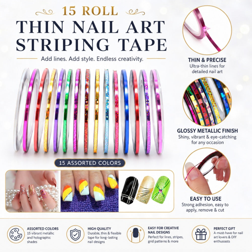 15-Roll Multicolor Nail Striping Tape Set | TIKA