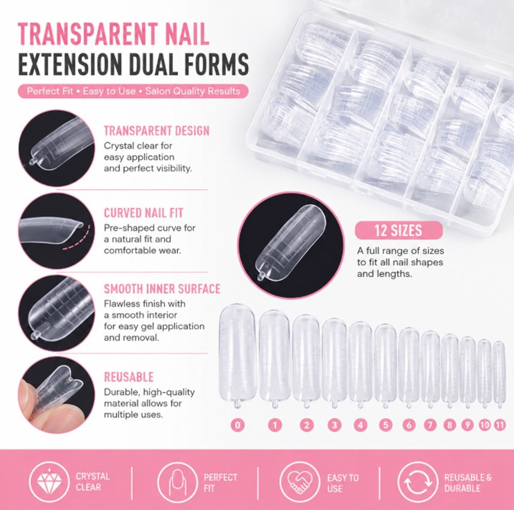 100-Pack Clear Dual Form Nail Molds | TIKA