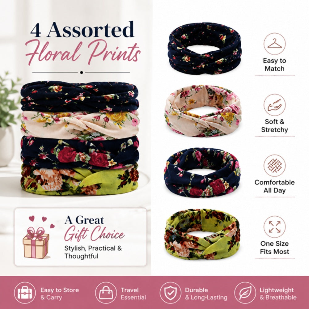 4-Pack Women's Wide Floral Turban Headbands | TIKA