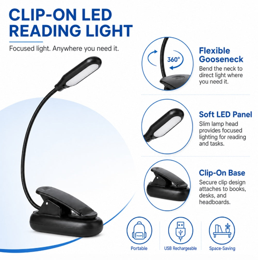 USB Rechargeable LED Clip-On Book Light | TIKA