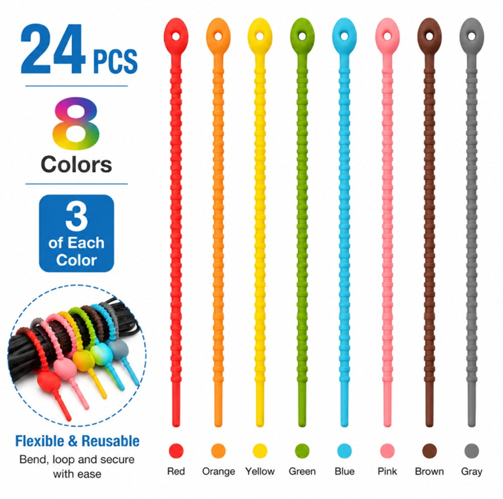 24-Pack Reusable Silicone Cable Twist Ties | TIKA