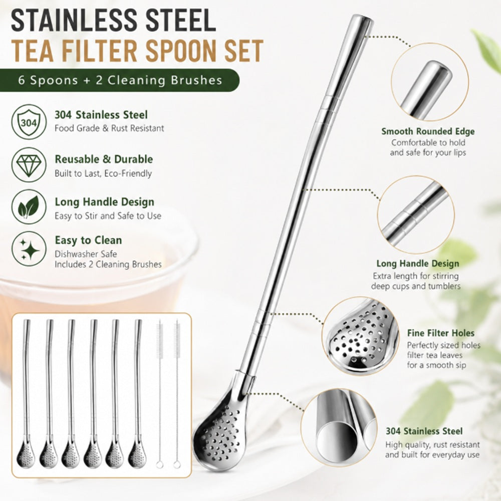 6-Pack Stainless Steel Reusable Drinking Straws with Filter Spoon & Brush | TIKA