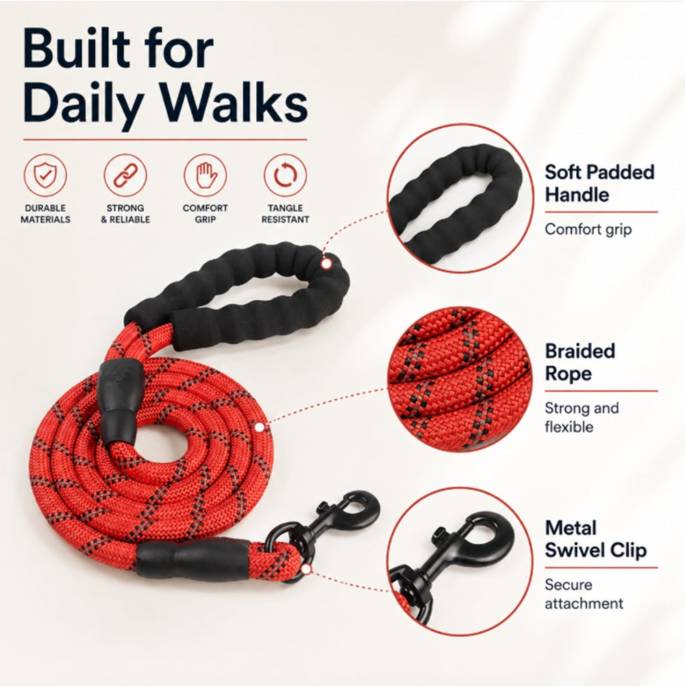 5ft Reflective Nylon Rope Dog Leash with Padded Handle | TIKA