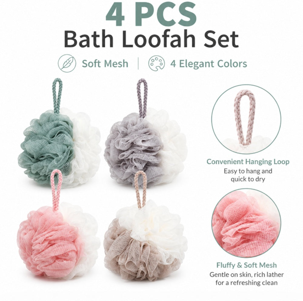 4-Pack Bath Loofah Pouf Set with Back Scrubber | TIKA