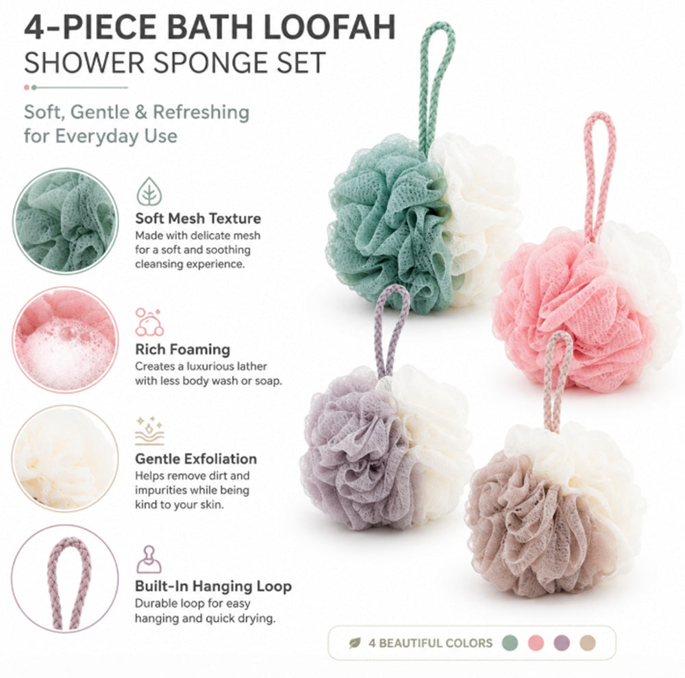 4-Pack Bath Loofah Pouf Set with Back Scrubber | TIKA