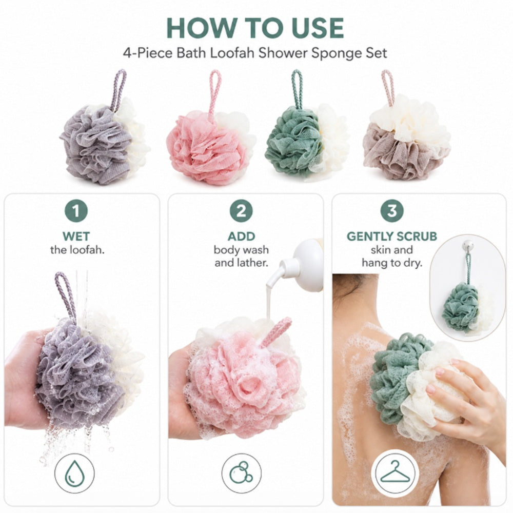 4-Pack Bath Loofah Pouf Set with Back Scrubber | TIKA