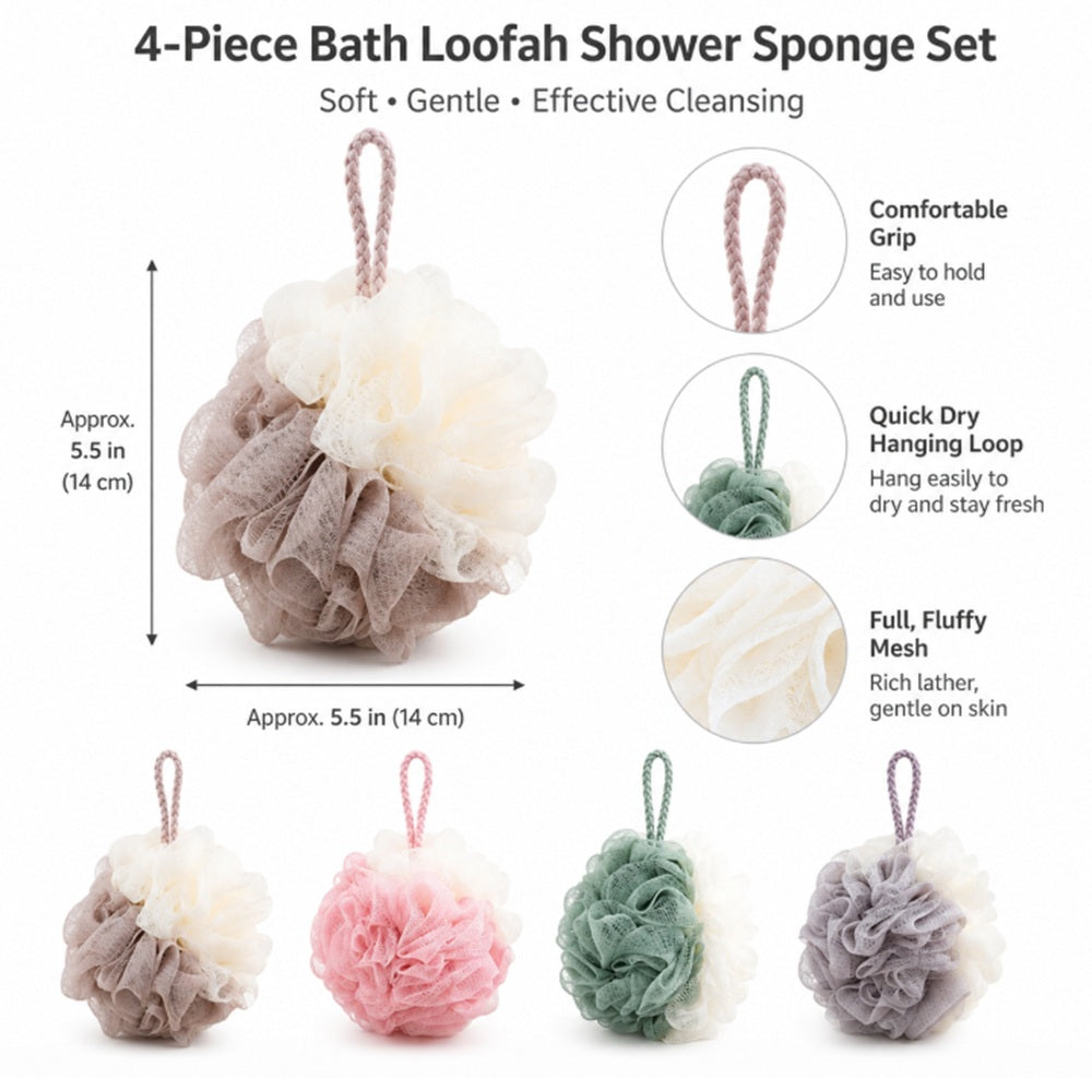 4-Pack Bath Loofah Pouf Set with Back Scrubber | TIKA
