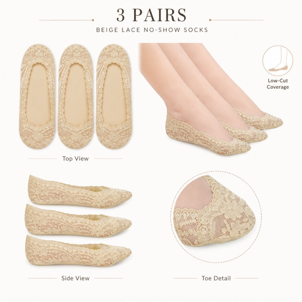 3-Pair Women’s Lace No-Show Liner Socks | TIKA