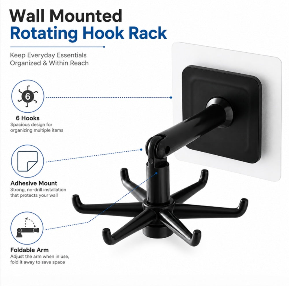 360° Rotating 6-Hook Self-Adhesive Wall Hanger | TIKA