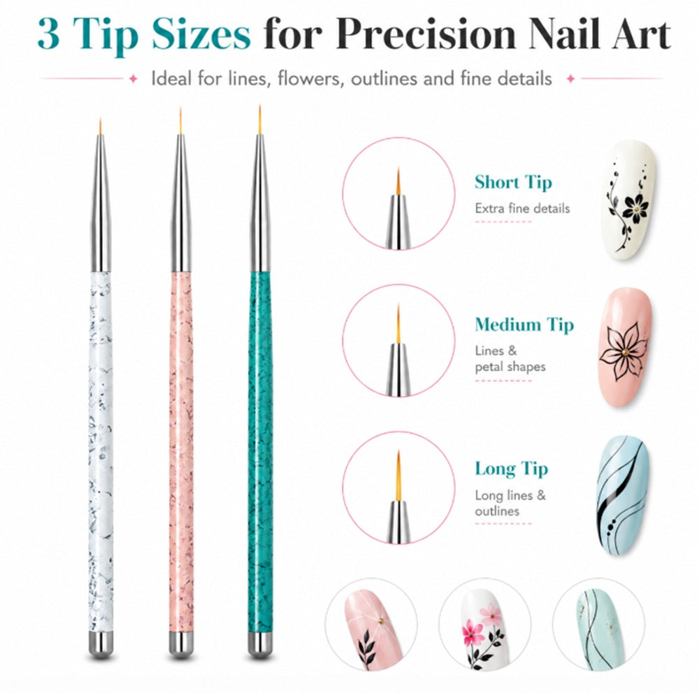 3-Piece Nail Art Dotting & Fine Liner Brush Set | TIKA