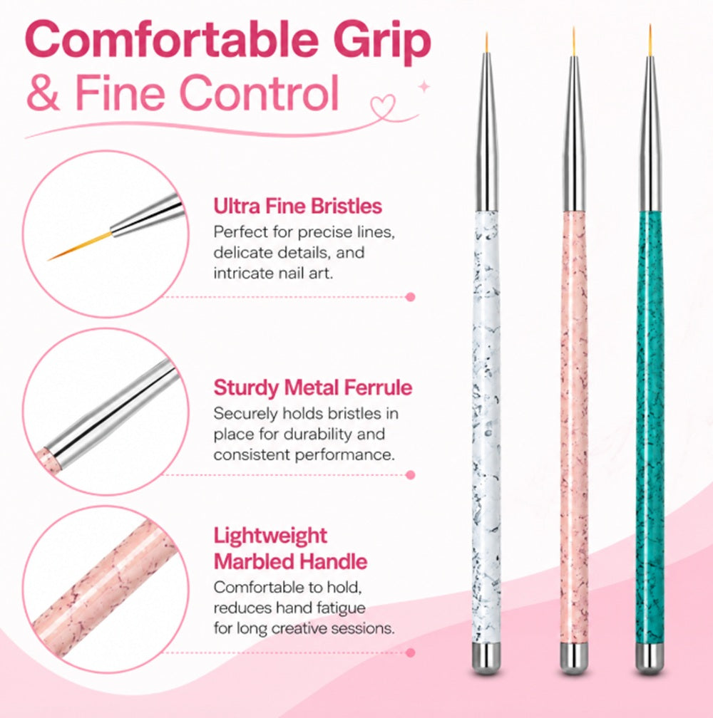 3-Piece Nail Art Dotting & Fine Liner Brush Set | TIKA