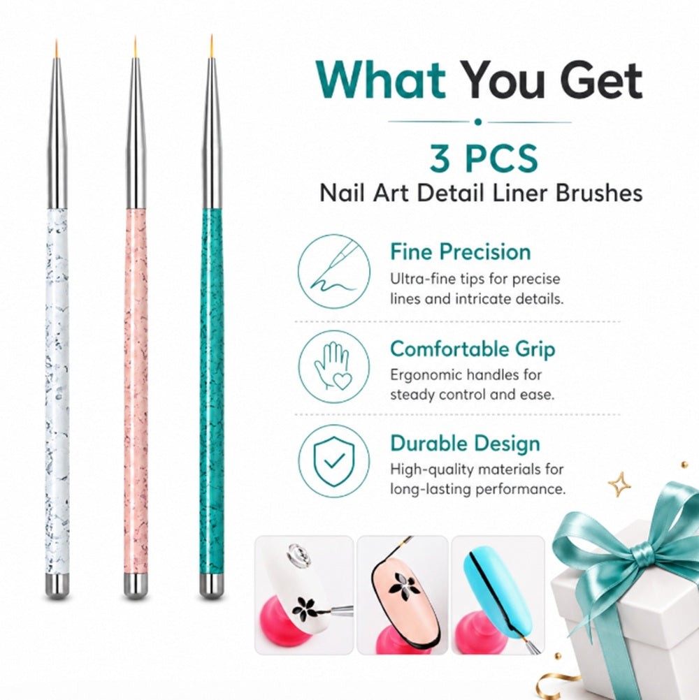 3-Piece Nail Art Dotting & Fine Liner Brush Set | TIKA
