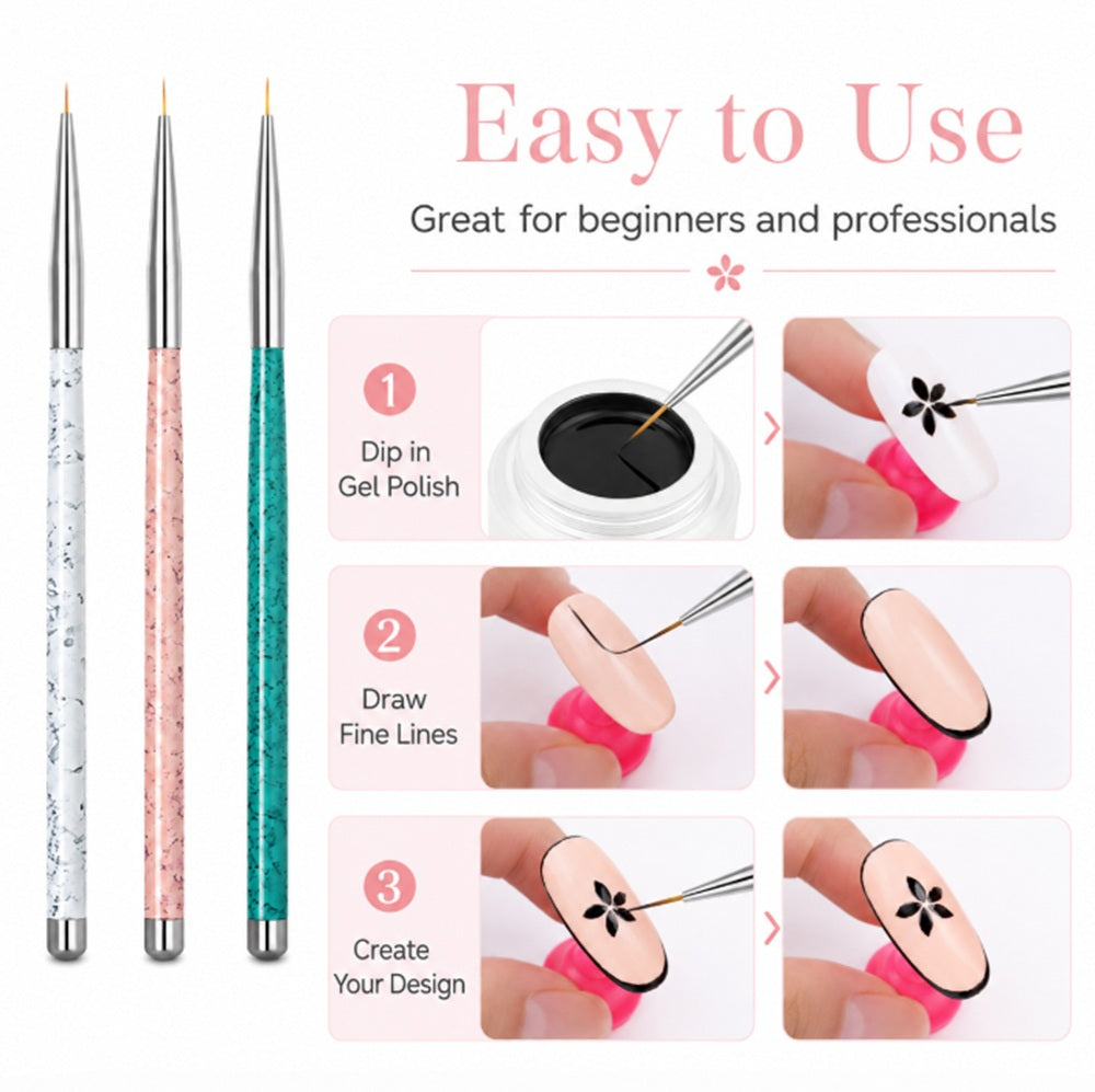 3-Piece Nail Art Dotting & Fine Liner Brush Set | TIKA