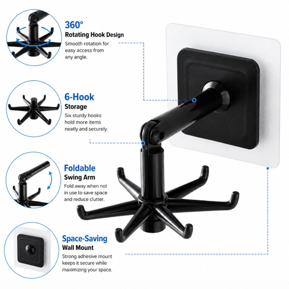 360° Rotating 6-Hook Self-Adhesive Wall Hanger | TIKA