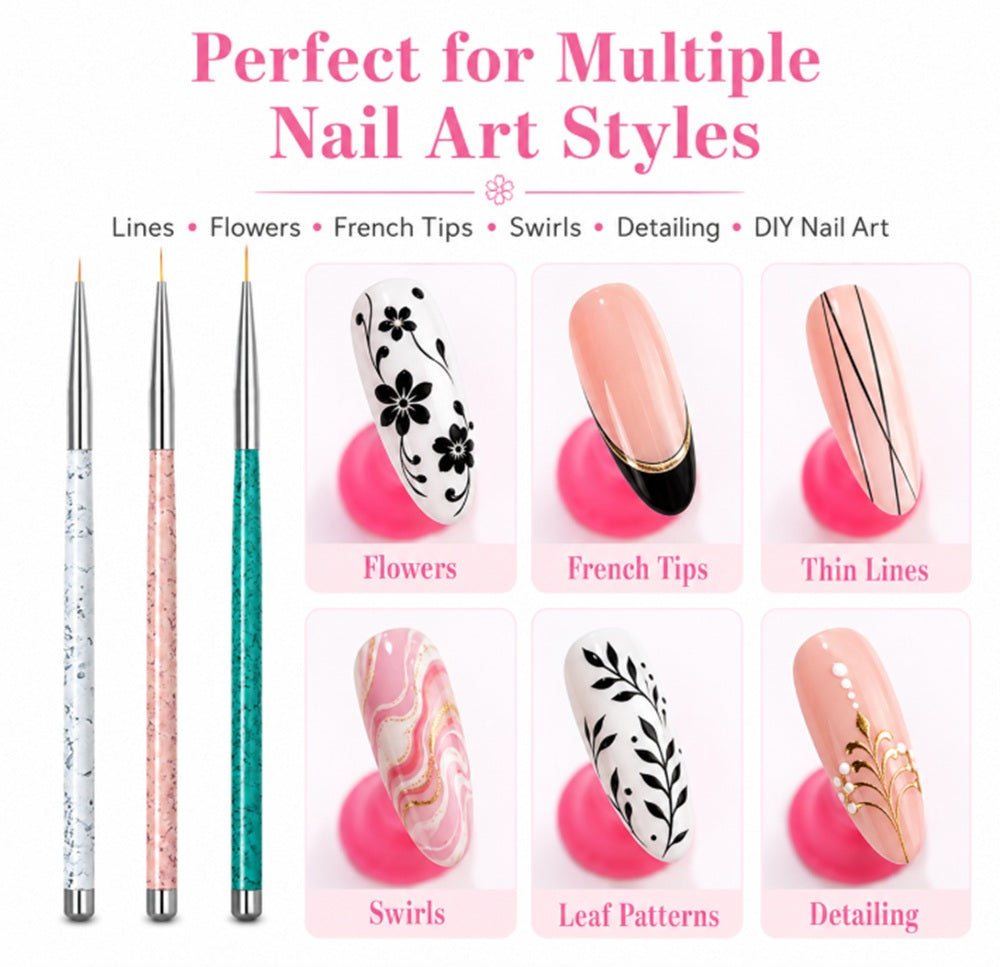 3-Piece Nail Art Dotting & Fine Liner Brush Set | TIKA