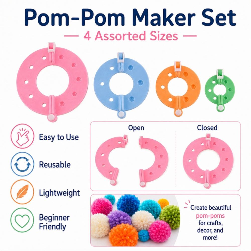 4-Size Pom Pom Maker Set for Yarn Crafts | TIKA