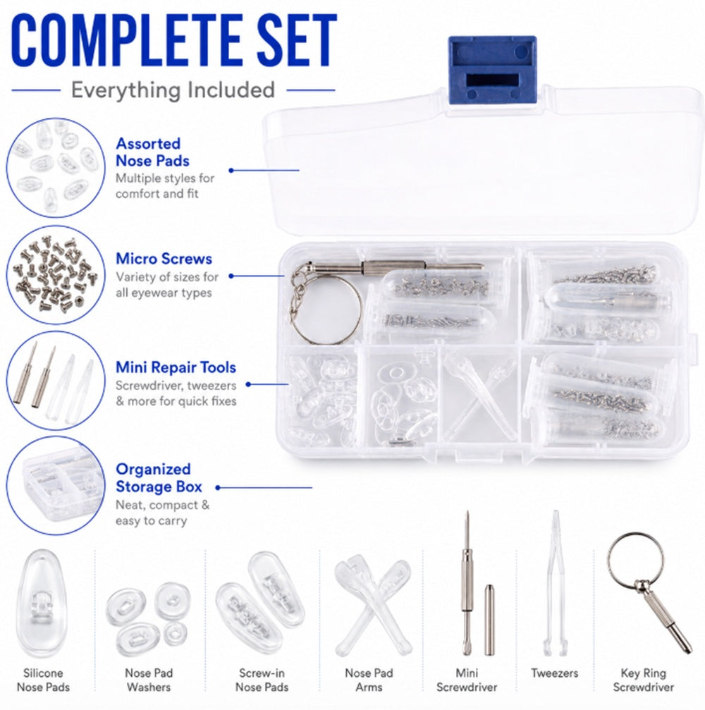 Eyeglass Repair Kit with Screws, Nose Pads & Case | TIKA