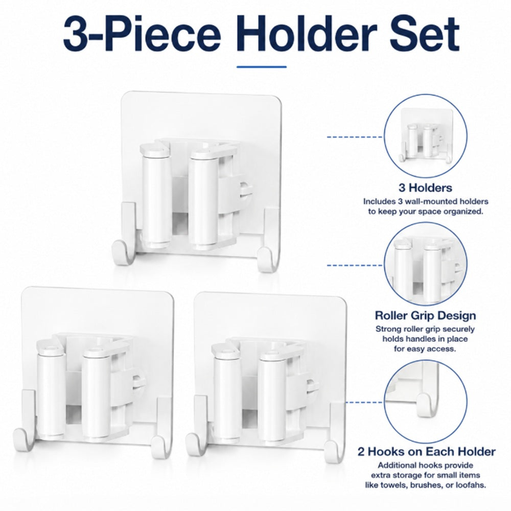 3-Pack Self-Adhesive Broom and Mop Holders with Hooks | TIKA