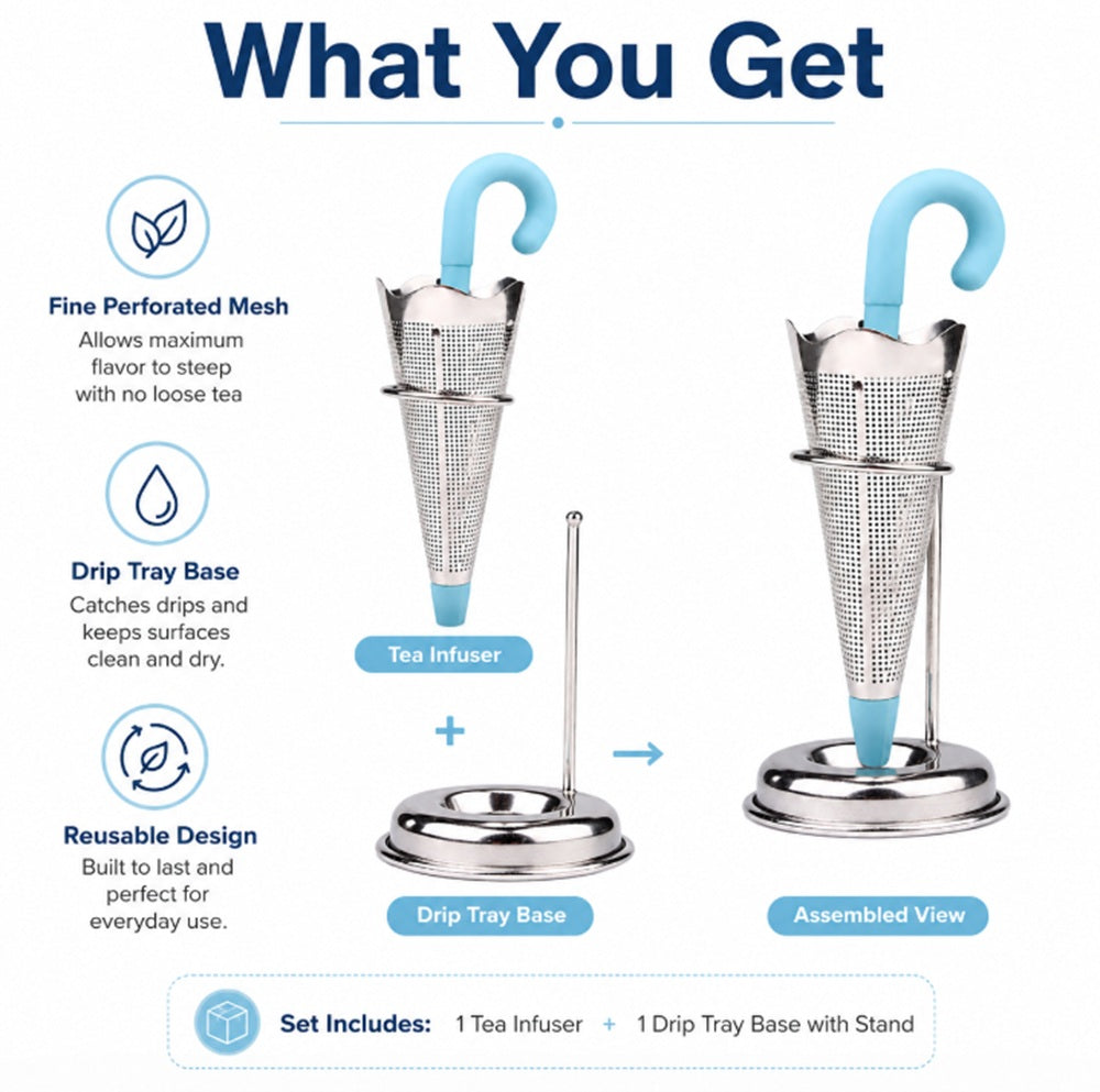 Umbrella Tea Infuser with Stainless Steel Mesh & Silicone Drip Tray | TIKA