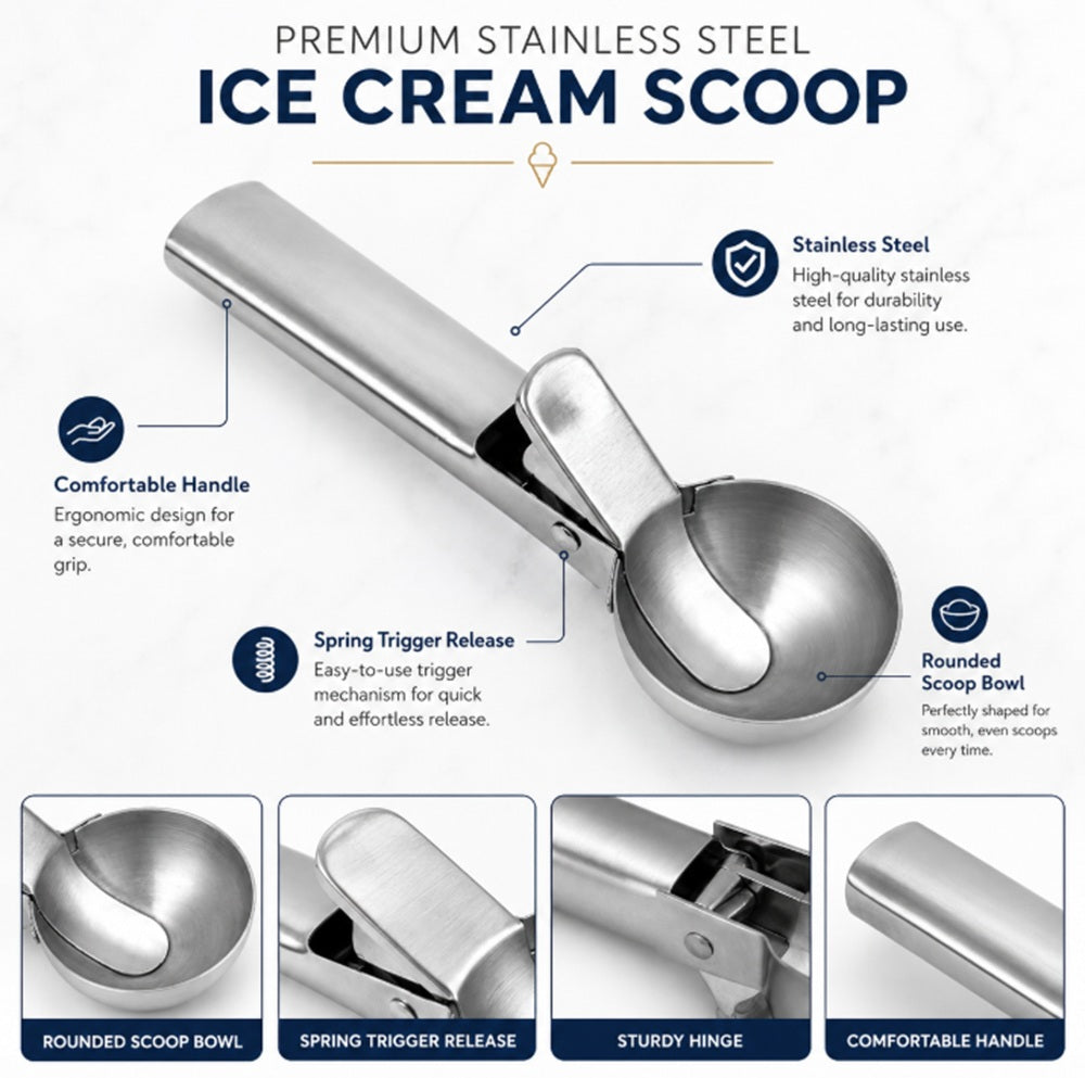 Stainless Steel Trigger Ice Cream Scoop for Cookie Dough & Melon | TIKA