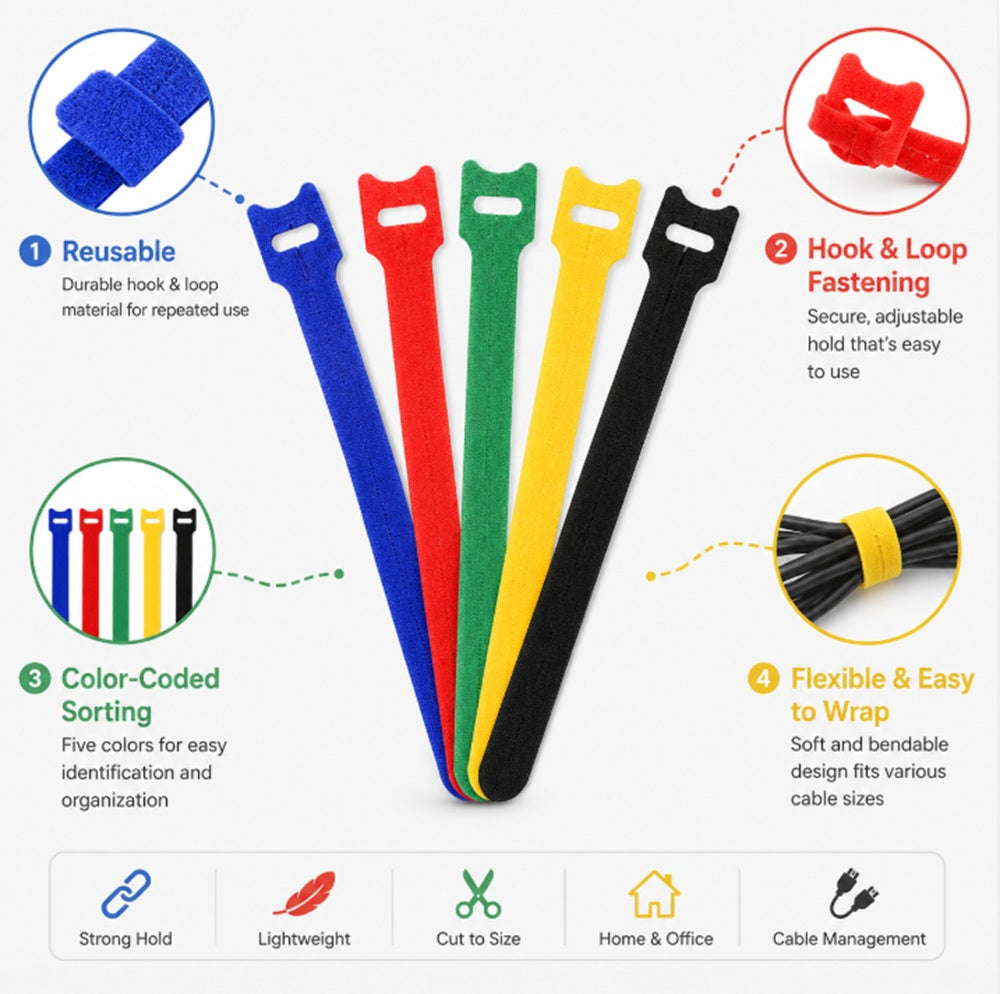 100-Pack Reusable Hook & Loop Cable Ties | TIKA