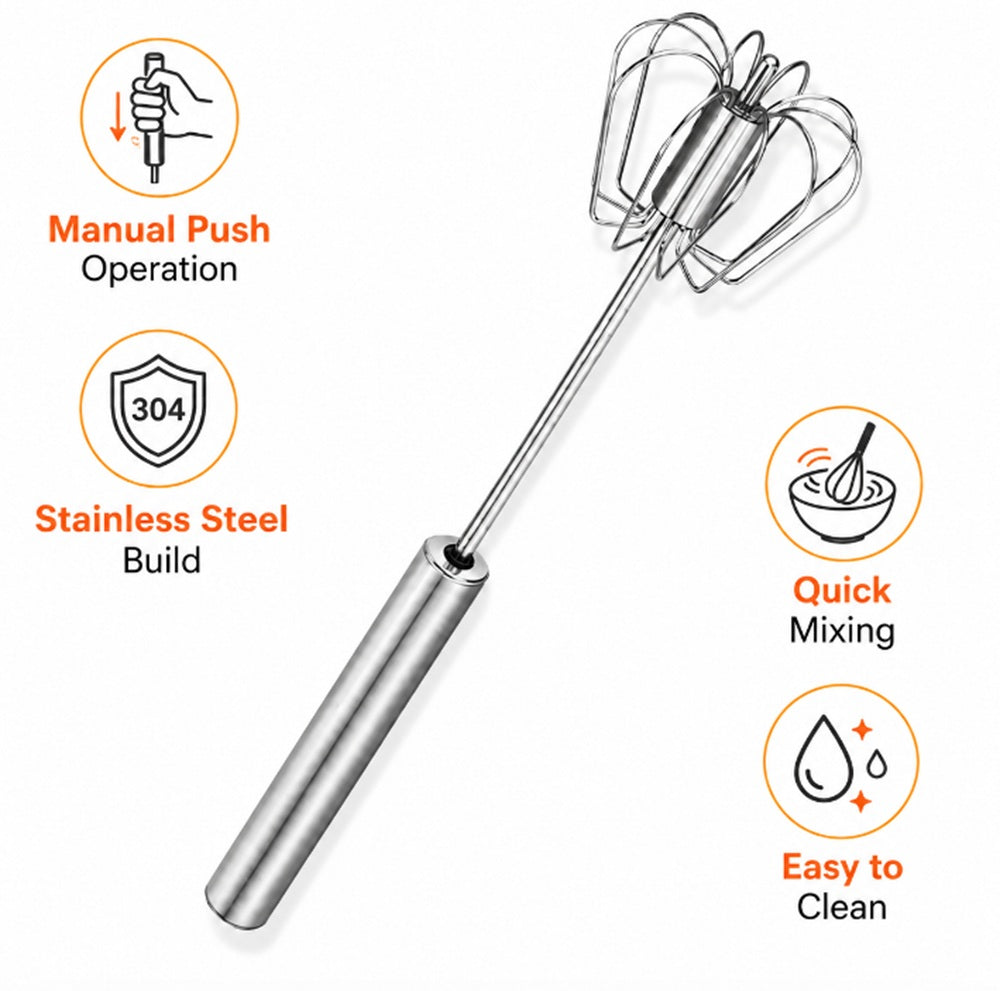 Semi-Automatic Stainless Steel Hand-Push Egg Whisk & Frother | TIKA