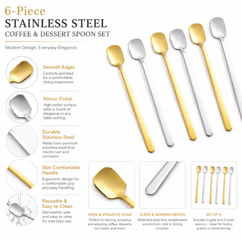 6-Pack 5.7-Inch Stainless Steel Iced Tea & Coffee Spoons | TIKA