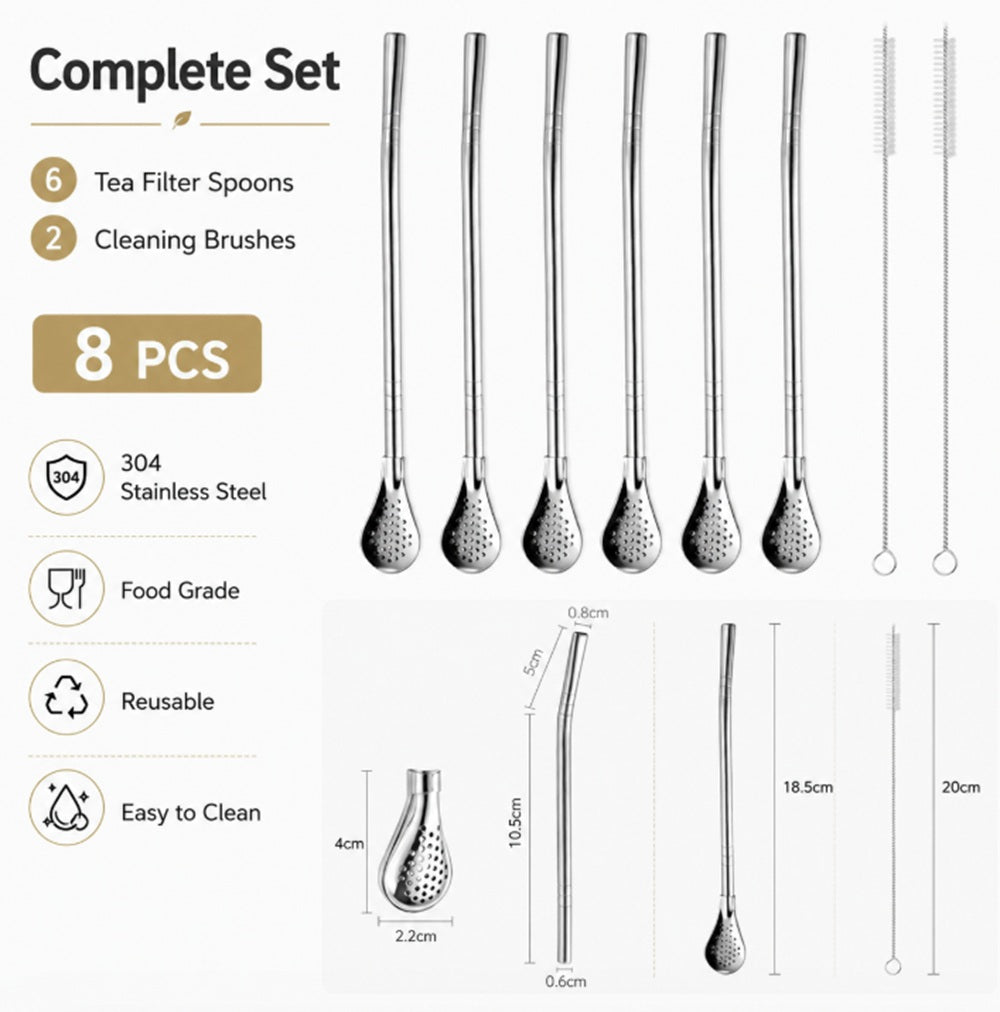 6-Pack Stainless Steel Reusable Drinking Straws with Filter Spoon & Brush | TIKA
