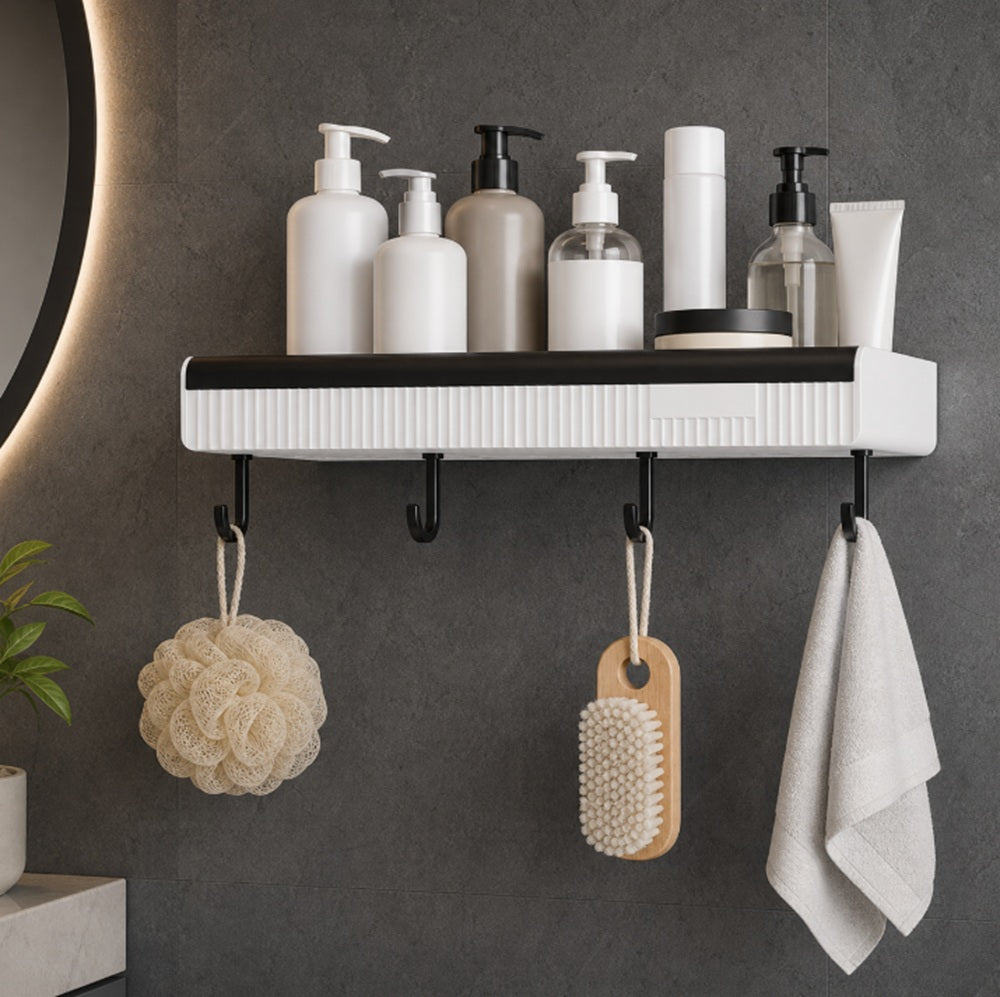 Adhesive Corner Shower Shelf with 4 Hooks, 1-Pack | TIKA