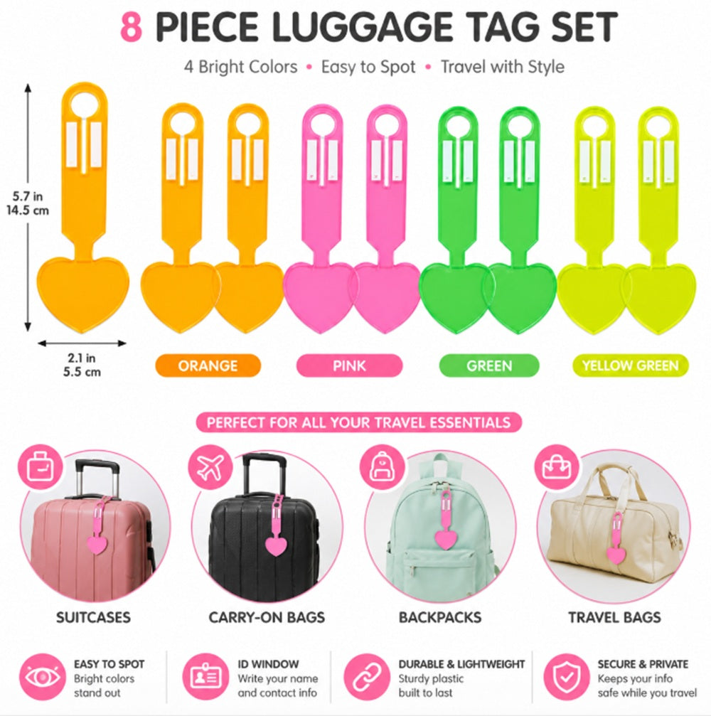 8-Pack Fluorescent PVC Heart Luggage Tags | TIKA