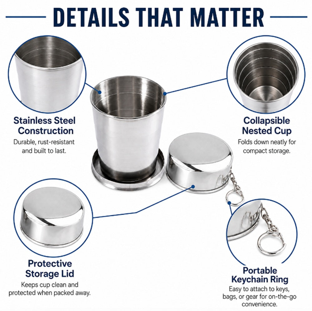 Stainless Steel Collapsible Camping Cup with Lid & Keychain | TIKA