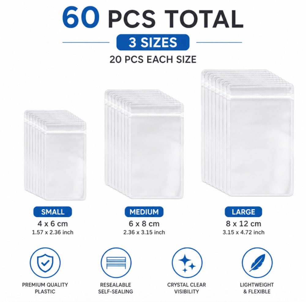 60-Pack Clear PVC Jewelry Storage Bags, 3 Sizes | TIKA