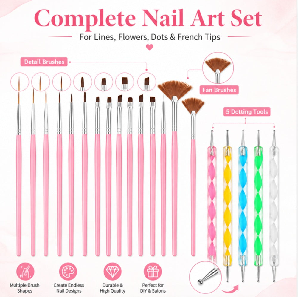 20-Piece Nail Art Brush & Dotting Tool Set | TIKA