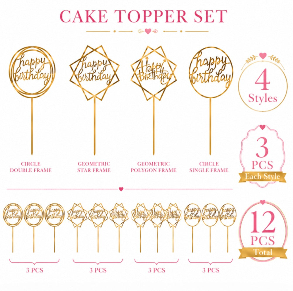 12-Pack Glitter Birthday Cake & Cupcake Toppers | TIKA