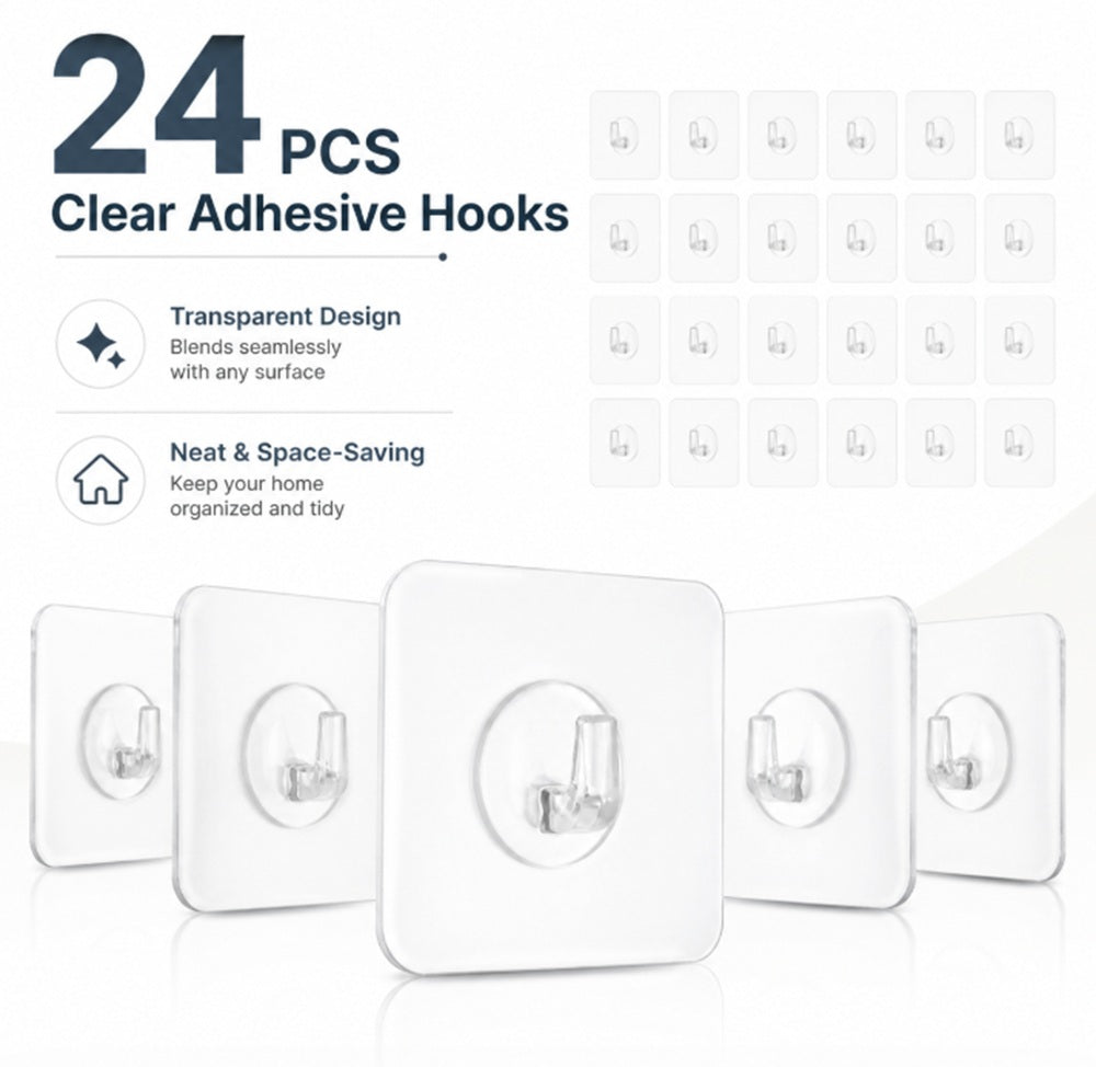24-Pack Clear No-Drill Adhesive Wall Hooks | TIKA