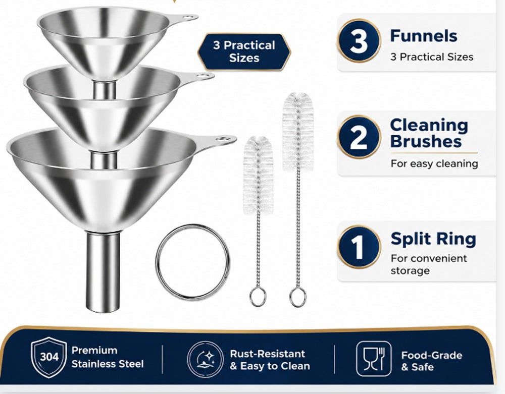 3-Piece Stainless Steel Funnel Set with 2 Cleaning Brushes | TIKA