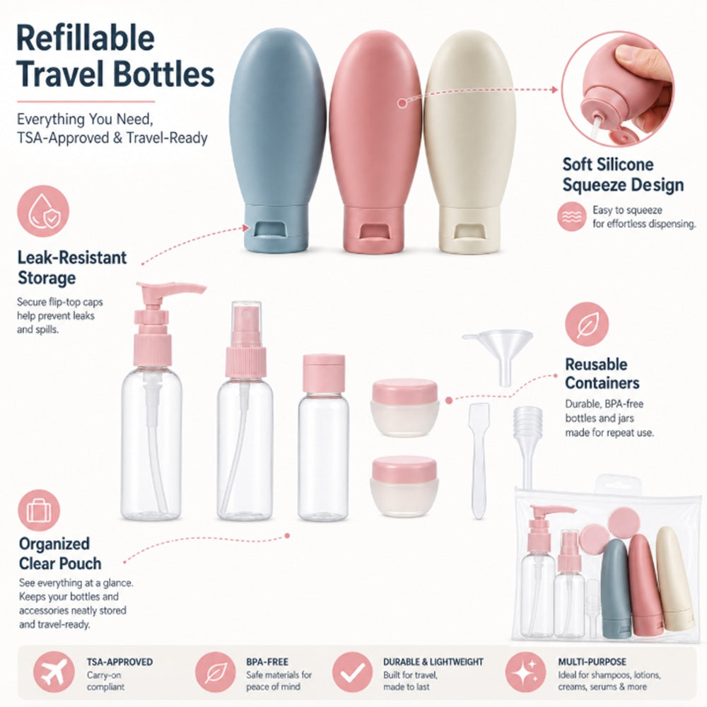 11-Piece Refillable Travel Toiletry Bottle Set | TIKA