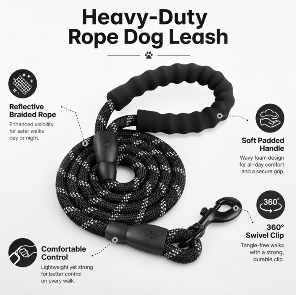 5ft Reflective Nylon Rope Dog Leash with Padded Handle | TIKA